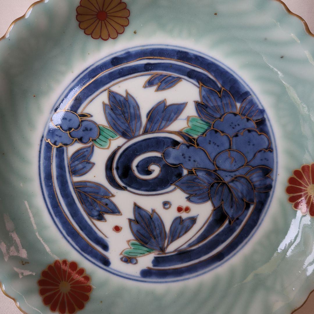 古伊万里 七寸皿 ② 色絵 青磁 菊文様 江戸期