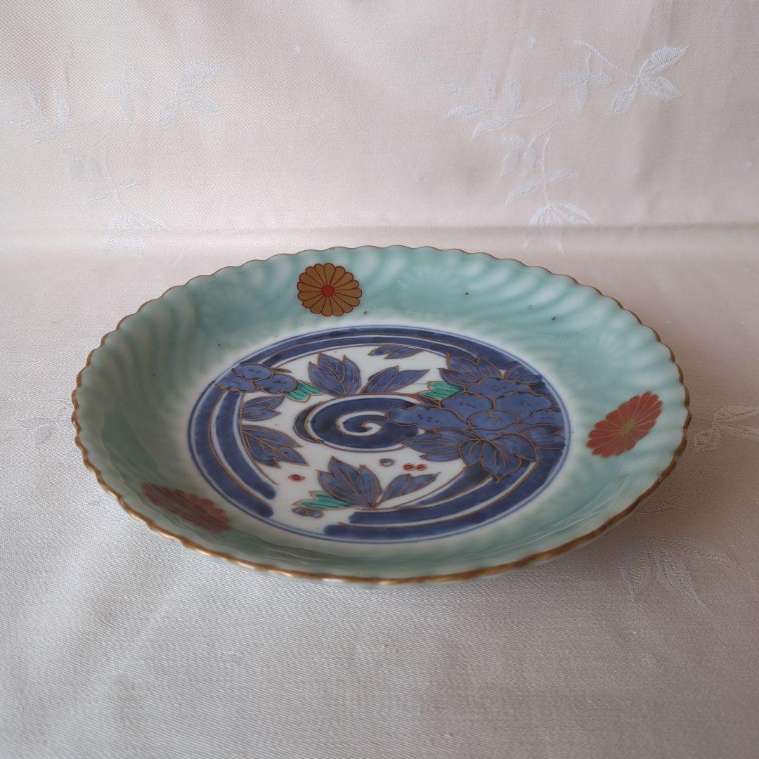 古伊万里 七寸皿 ② 色絵 青磁 菊文様 江戸期