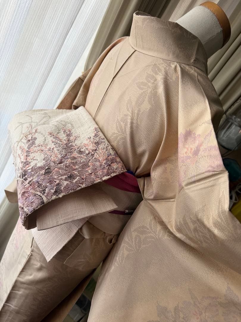 memeko 正絹 白大島紬小紋 ベージュ×グレー×パープル 横双 単品