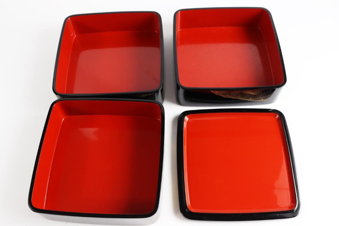 茶道具 輪島塗 三段重 黒 朱 松金 共箱 お重 重箱