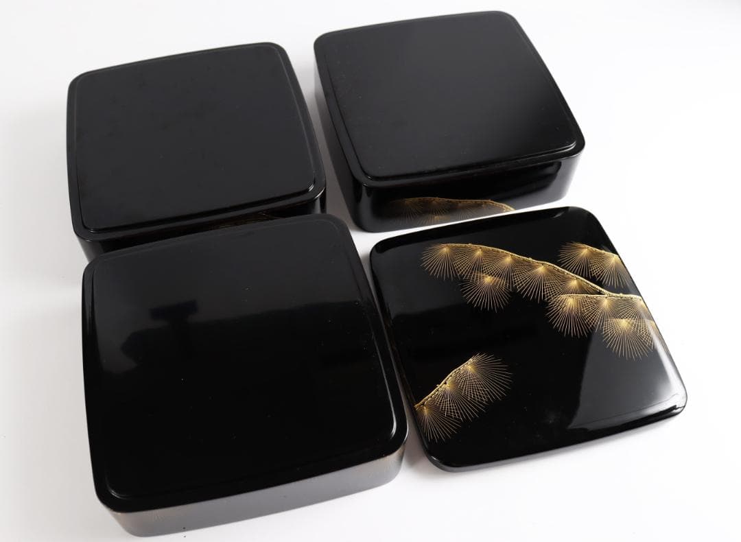 茶道具 輪島塗 三段重 黒 朱 松金 共箱 お重 重箱