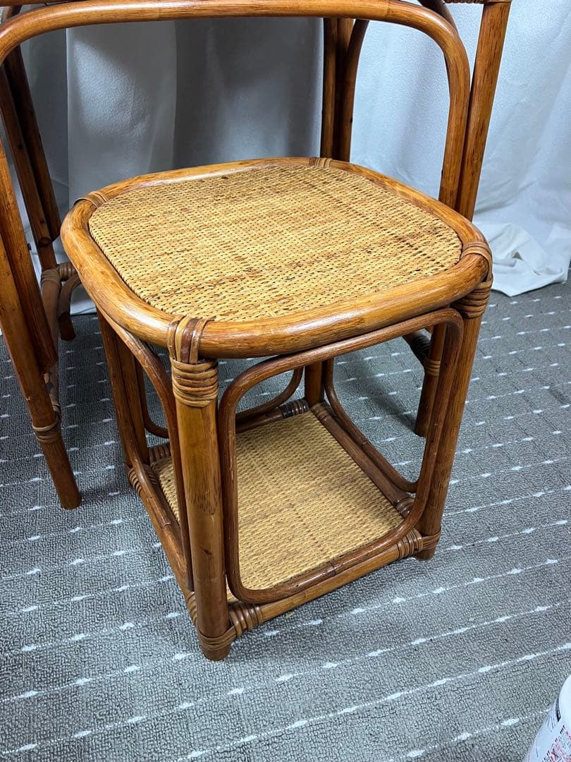 即購入不可　昭和レトロ×天然素材　籐製ミラー付きドレッサー＆スツールセット