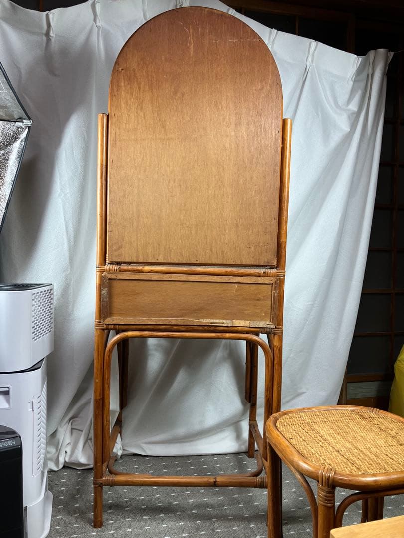 即購入不可　昭和レトロ×天然素材　籐製ミラー付きドレッサー＆スツールセット