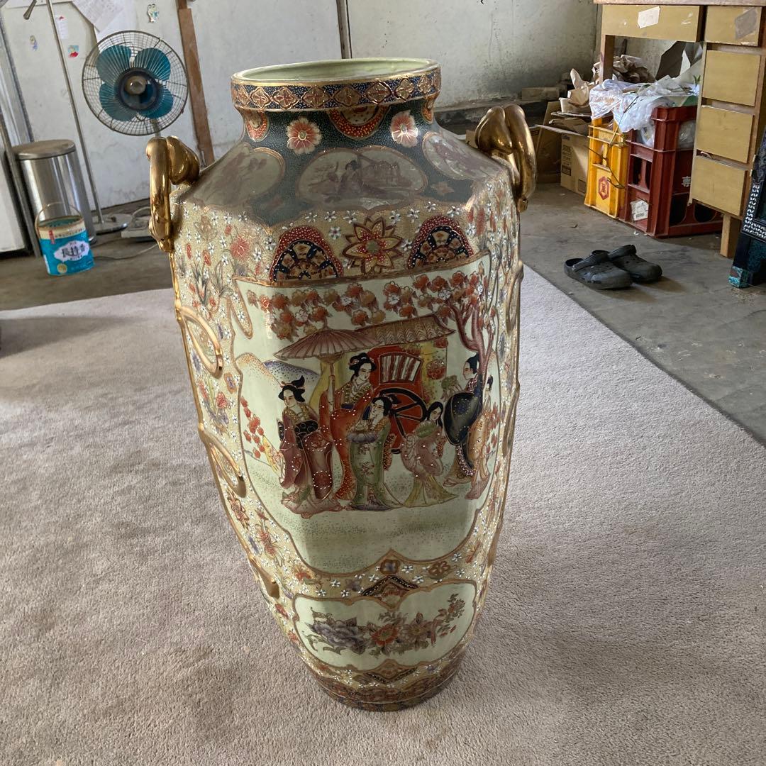 特大 薩摩焼 細密画大花瓶 耳付き 極彩色 高さ78cm アンティーク