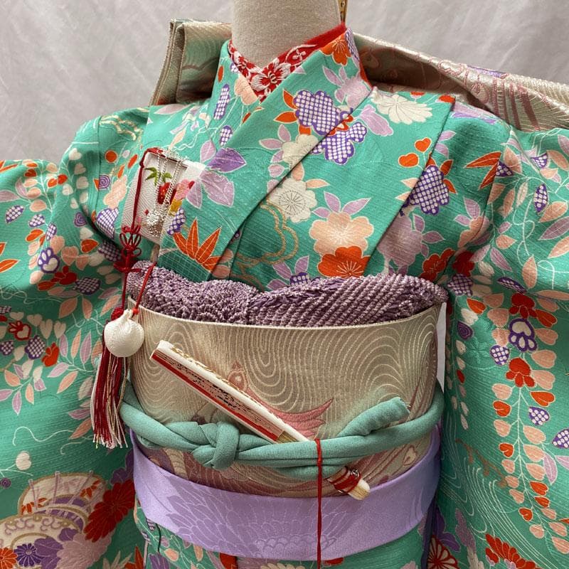 510ag39、帯揚げ帯締めしごき◎七五三 七歳 女児 着物&袋帯 総柄 銀彩◎