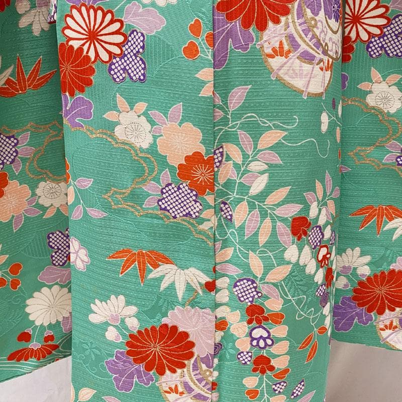 510ag39、帯揚げ帯締めしごき◎七五三 七歳 女児 着物&袋帯 総柄 銀彩◎