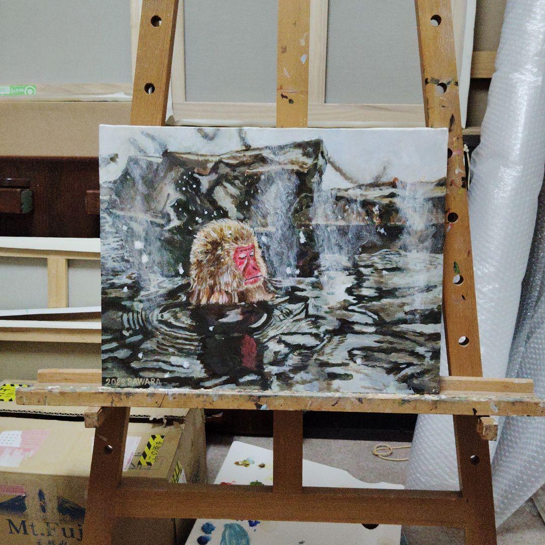 絵画、アクリル画、F6号、雪の温泉につかる猿、佐原聖春