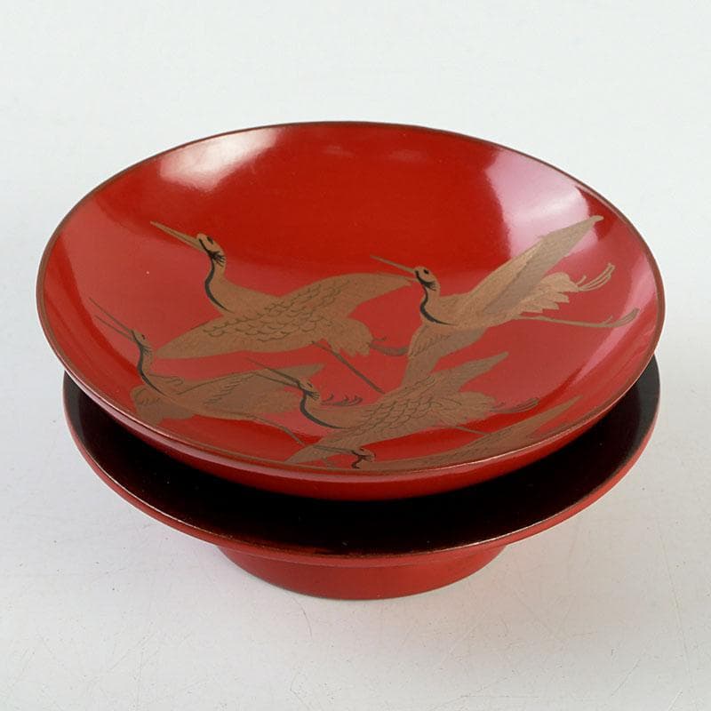 和食器　朱塗　鶴蒔絵　椀　盃　時代箱　V　9585