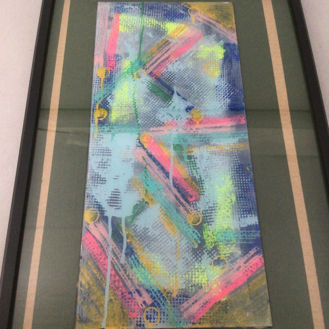 No3651 額装　作者不詳　抽象画　ガラス絵　紙箱付　絵画　アート　送料無料