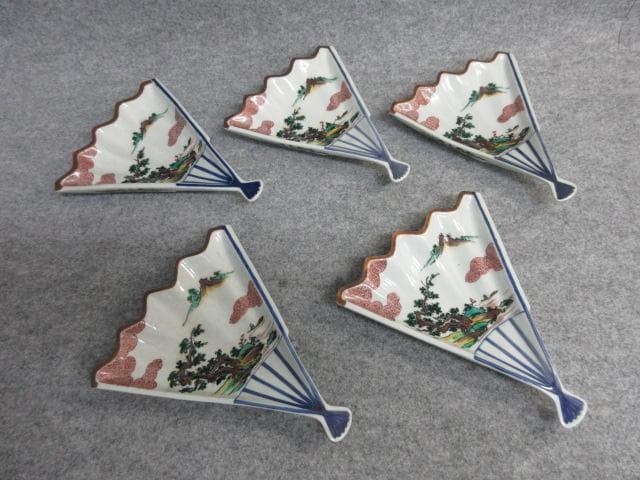 九谷焼角福印色絵山水図扇形皿5枚 [B26226]
