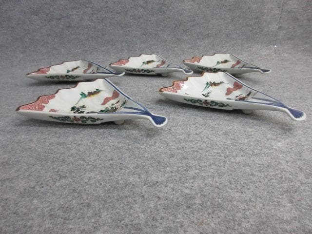 九谷焼角福印色絵山水図扇形皿5枚 [B26226]