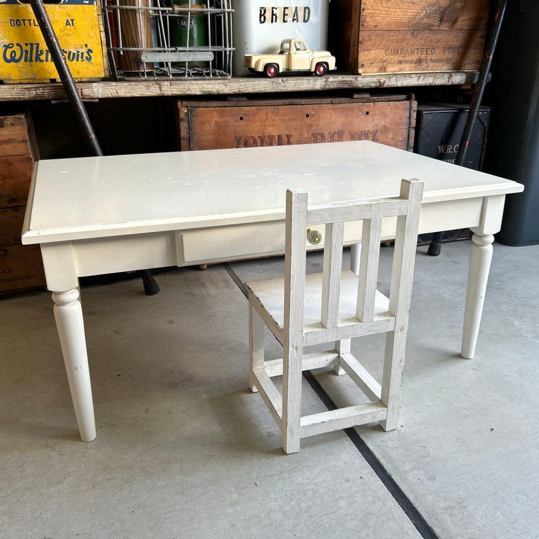 現行ビンテージ デスク & ミニ椅子 セット シャビー ホワイト ローテーブル
