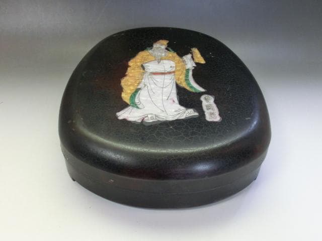 硯■曹國舅図端渓古硯 檀木箱付 萬戸管弦歌盛世 老坑 螺鈿象嵌八仙曹国舅 骨董■