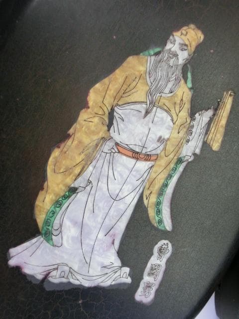 硯■曹國舅図端渓古硯 檀木箱付 萬戸管弦歌盛世 老坑 螺鈿象嵌八仙曹国舅 骨董■