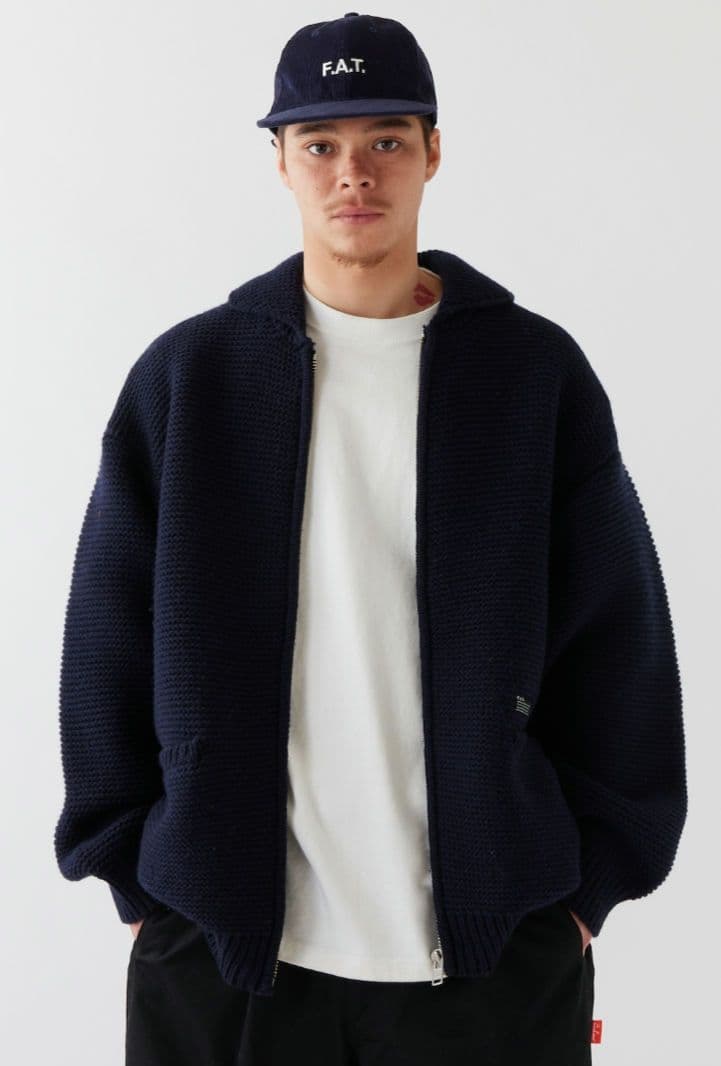 極美品FAT 極厚ジップアップカウチンニット サイズSKINNY(L)ネイビー