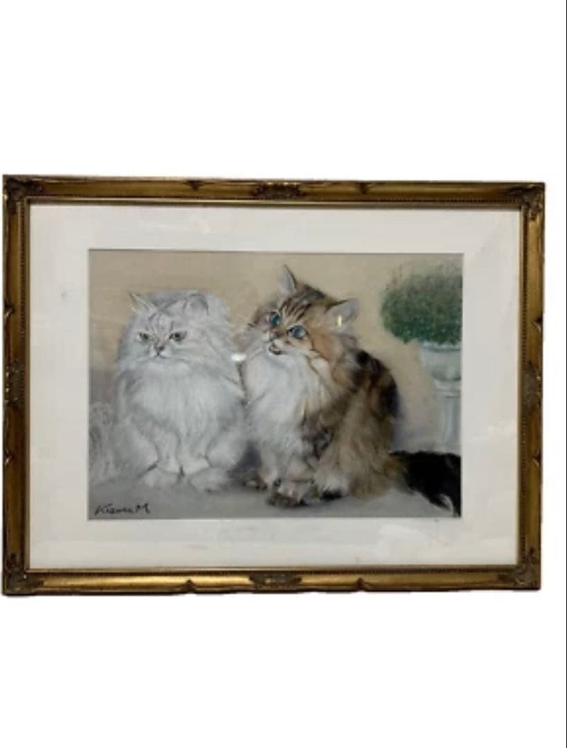 【額装美術品】町田和子 猫 絵画 パステル画 サイン入り 1988作品 求愛 r