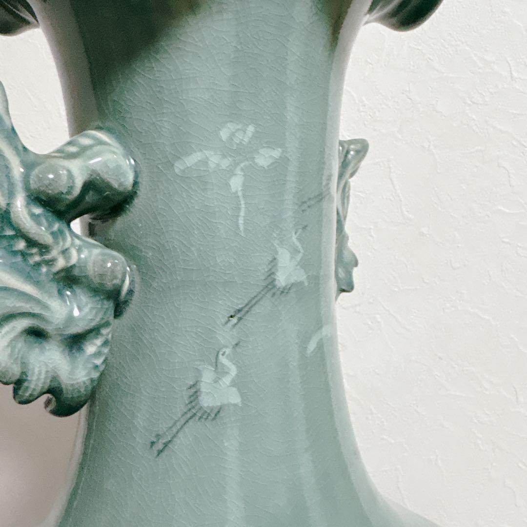【特大】高麗青磁 海光作 龍耳透かし彫り 大花瓶 63cm 11.8kg 雲鶴紋