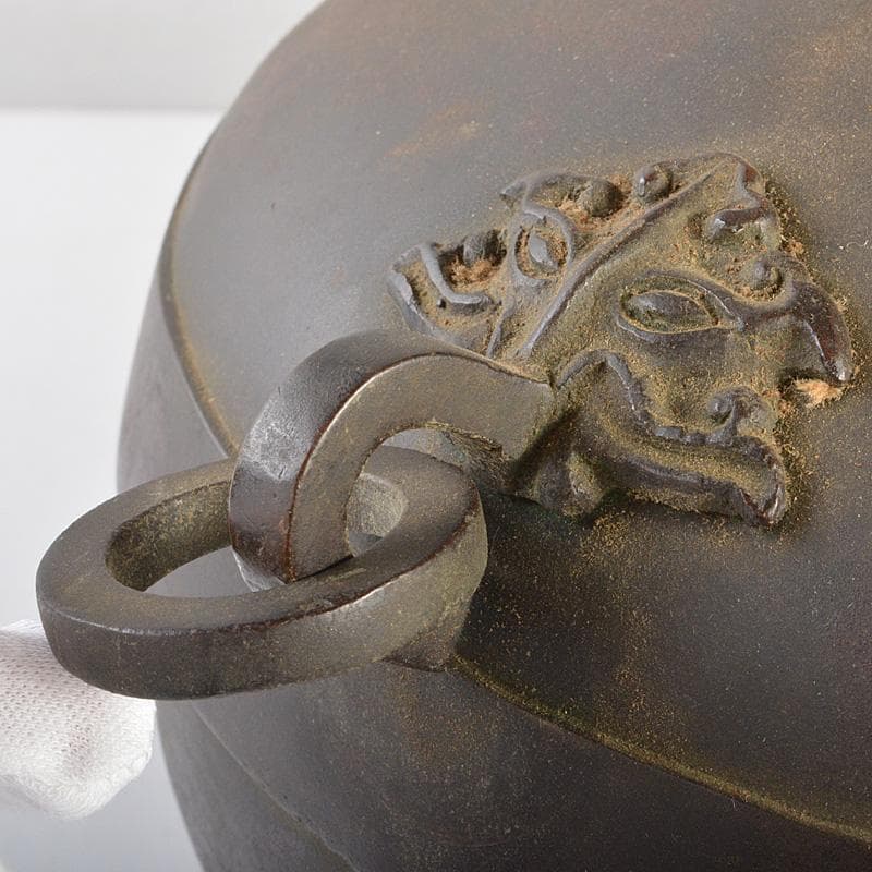 中国　唐銅　神獣遊環双耳瓶　M　R7369F