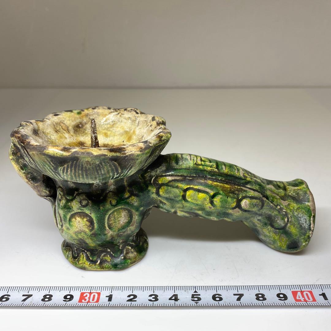 江戸中期　源内焼　蝋燭立　木箱付　長さ14.5㎝ 東Y7-0116☆2Fタルニ