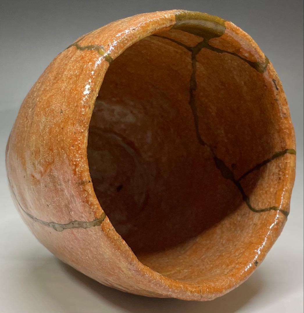 赤楽茶碗　箱付(四方桟) 仕覆　金直し　在銘　作家作品　e5733a