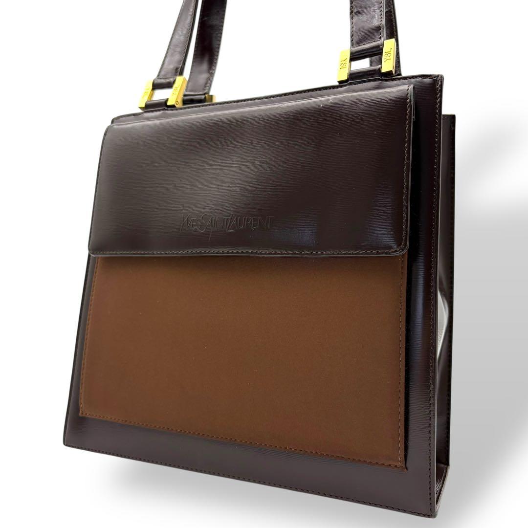イヴサンローラン ハンドバッグ トート 腕掛け レザー 茶 ブラウン 型押しロゴ