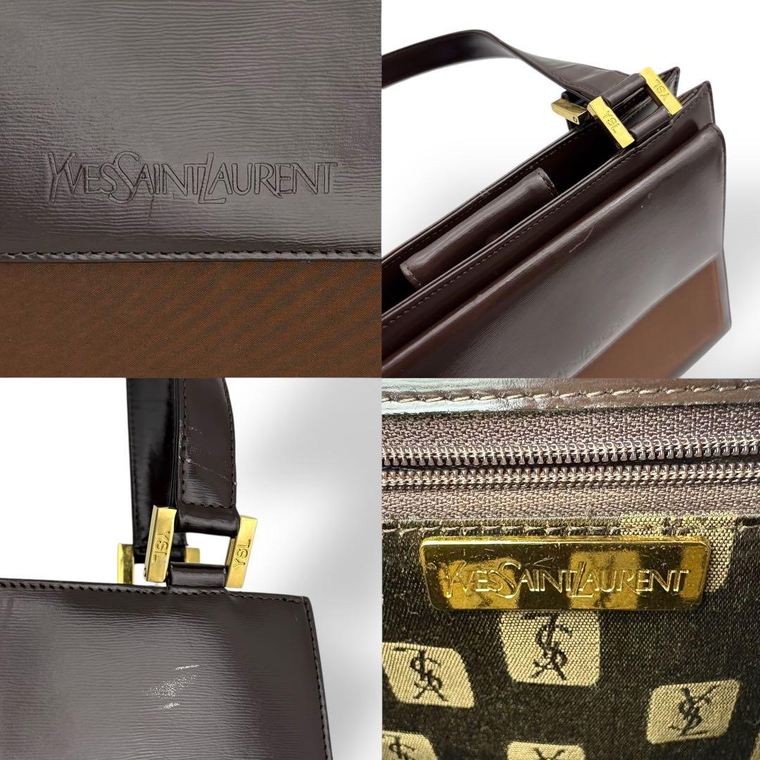 イヴサンローラン ハンドバッグ トート 腕掛け レザー 茶 ブラウン 型押しロゴ