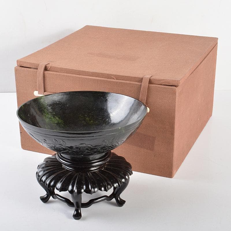 中国　玉石彫刻　花刻　鉢　唐木台付　V　R5378