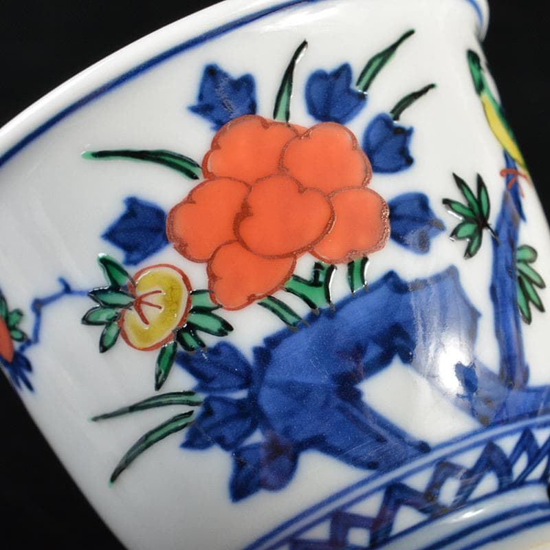 煎茶道具　渋草焼　芳国造　染付赤絵　花鳥文　煎茶碗　五客　共箱　D　R6417