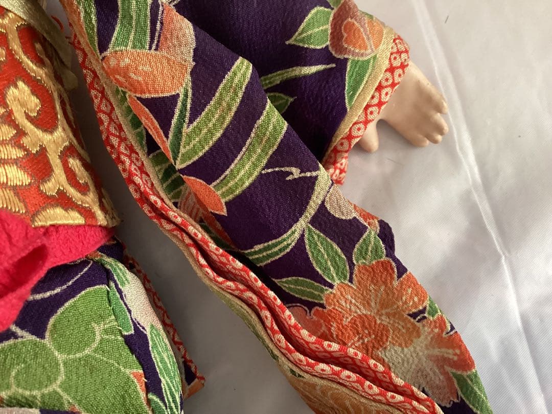 ヴィンテージ市松人形 徳光斎　約40cm 花柄着物　吹子付き　人毛　ガラス眼