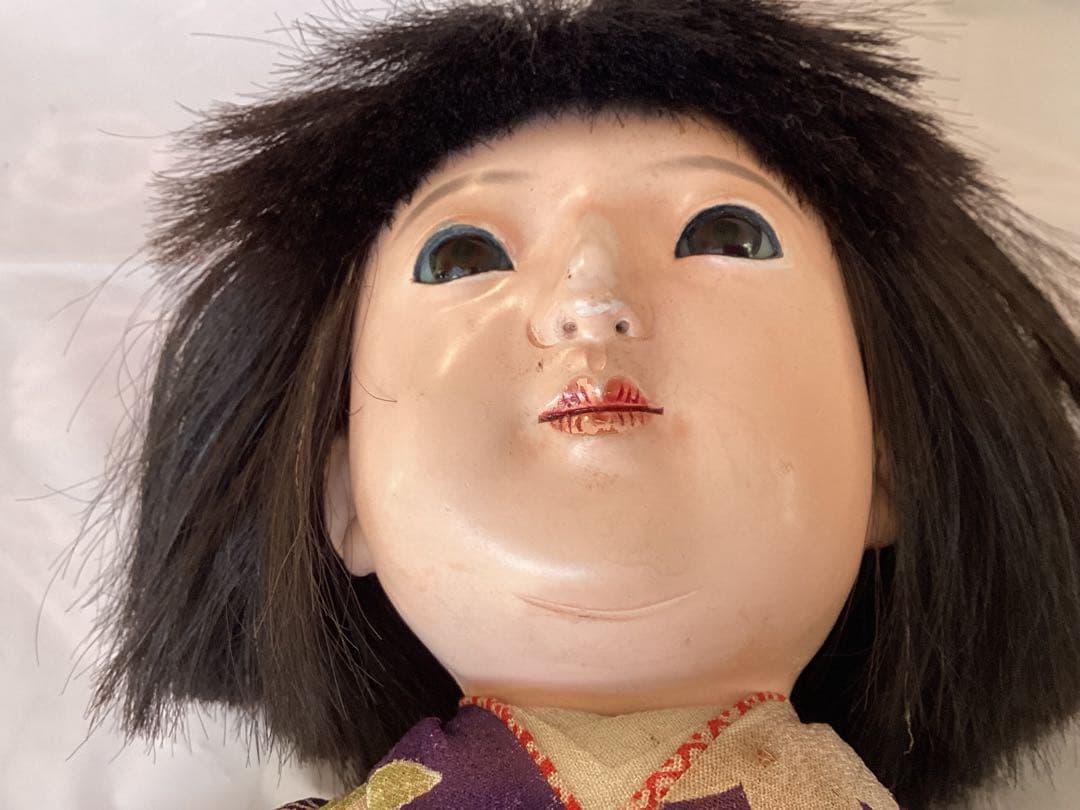 ヴィンテージ市松人形 徳光斎　約40cm 花柄着物　吹子付き　人毛　ガラス眼