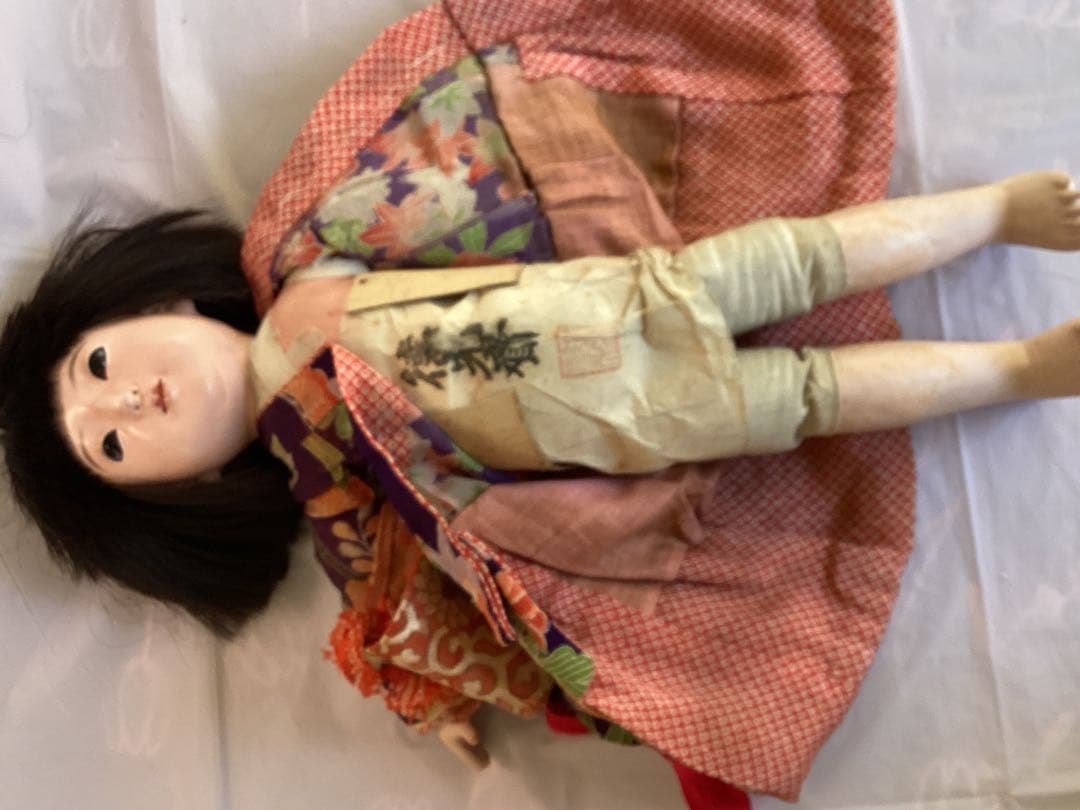 ヴィンテージ市松人形 徳光斎　約40cm 花柄着物　吹子付き　人毛　ガラス眼