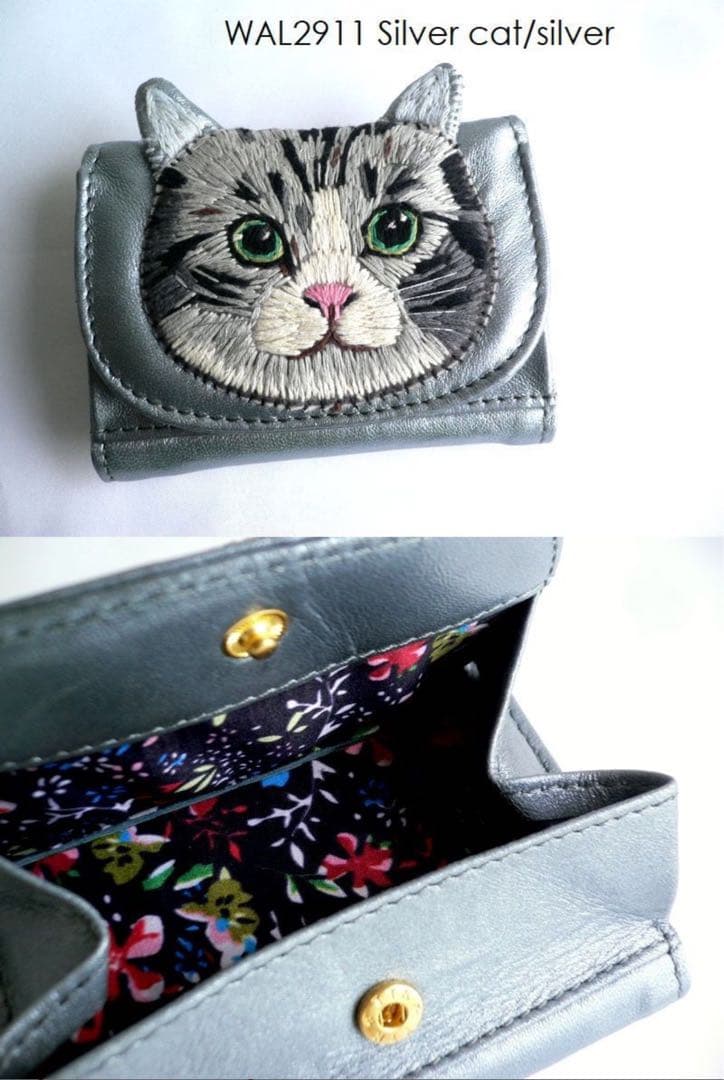 tamao world タマオワールド 折り財布 猫 ネコ ミニ財布　シルバー