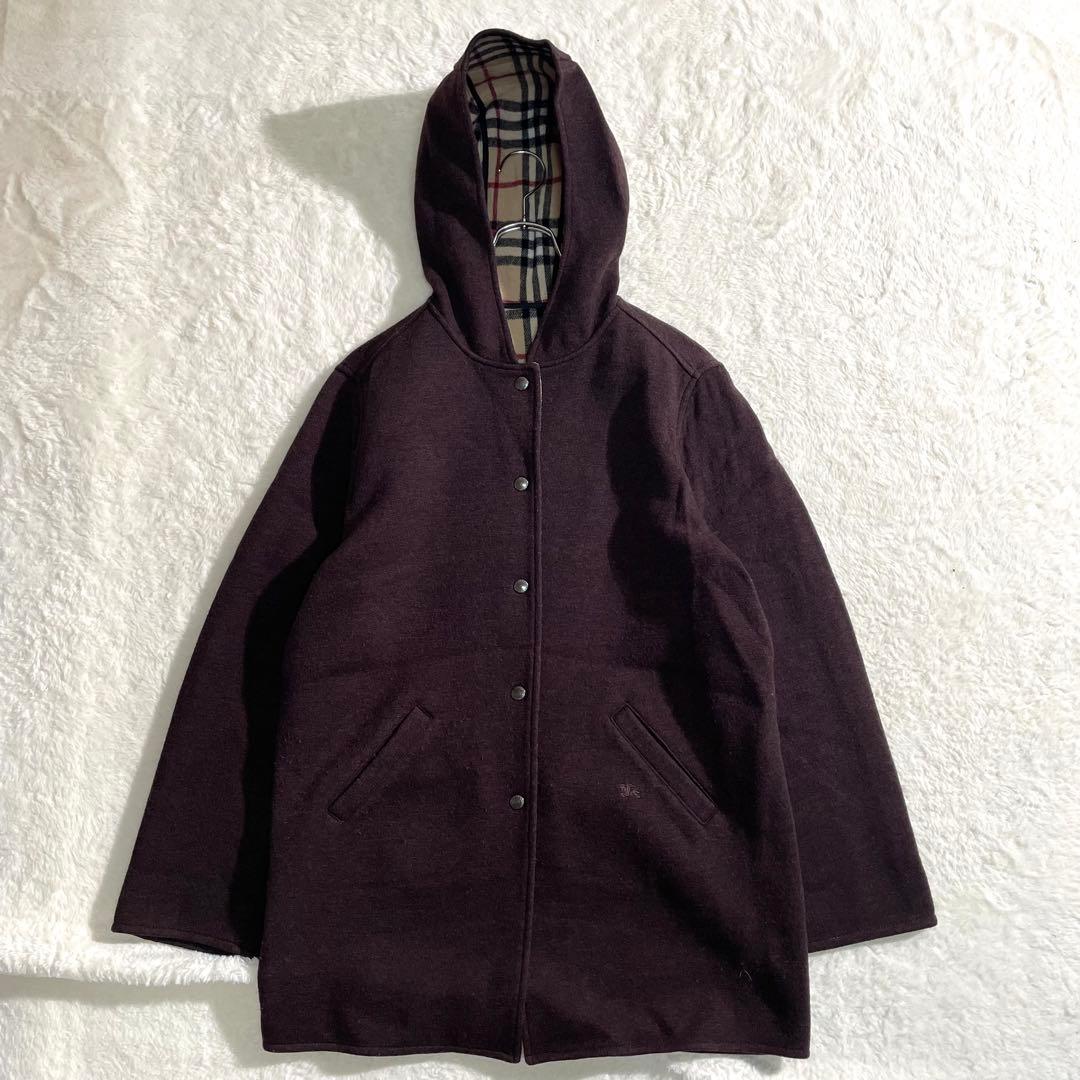 00s　バーバリーロンドン　フード付き　ウールコート　ノバチェック　M〜L相当