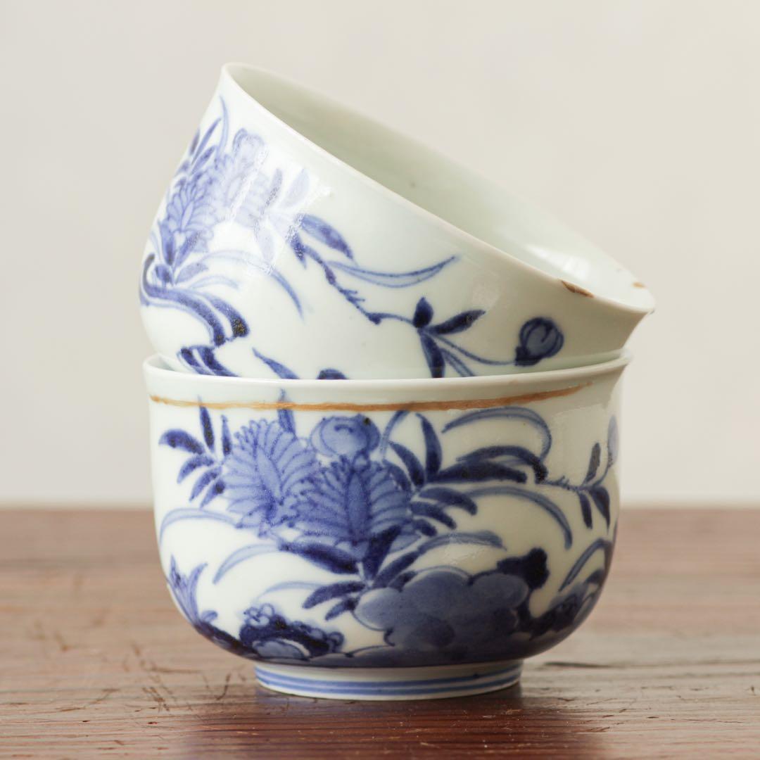 古伊万里　伊万里　江戸　中期　茶器　煎茶碗　染付　向付　2客セット　金継ぎ　材料