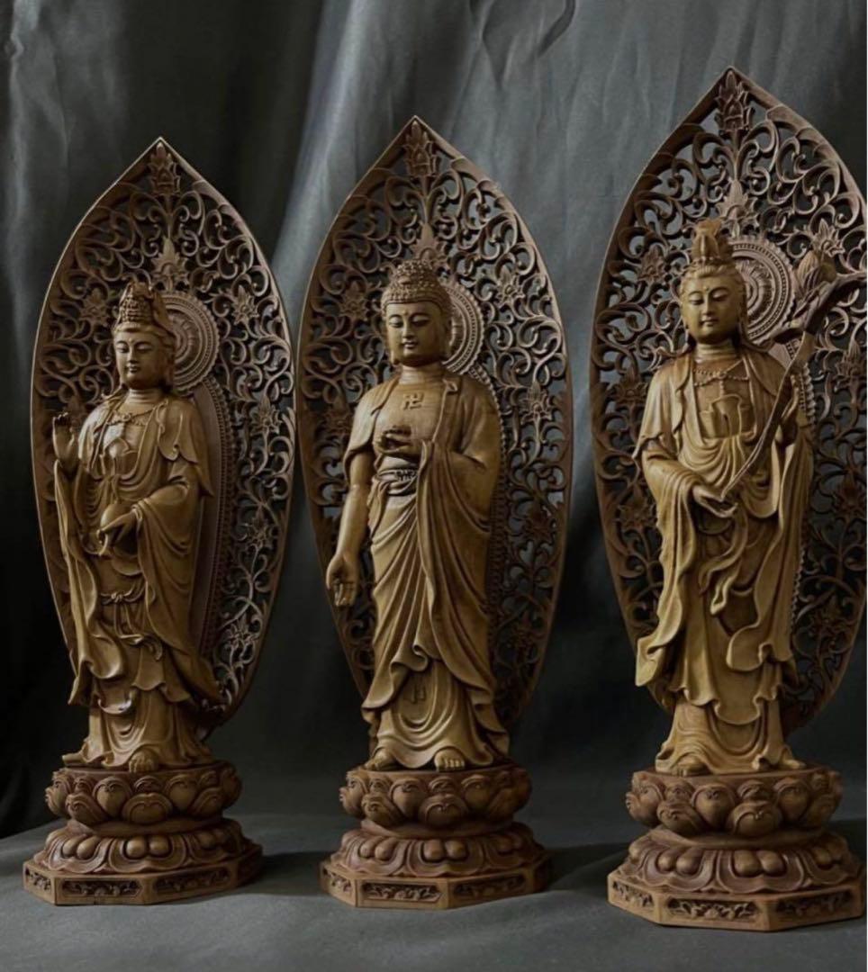 n*i様 総柘植材　仏教工芸品　時代彫刻　一刀彫　極上彫　木彫仏像　阿弥陀如来三