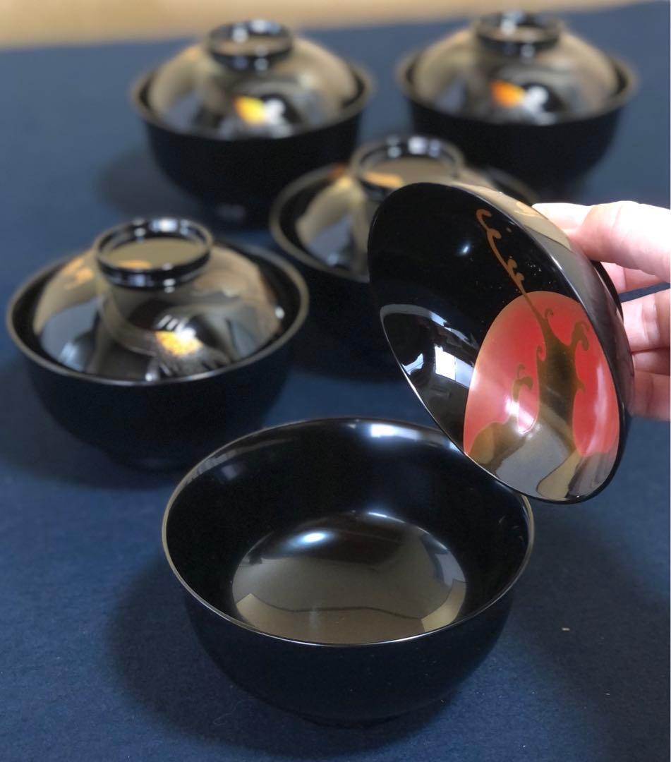 《レ》輪島塗 日の出松蒔絵 吸物椀5客 光峯作 哲舟作 共箱　251104う3