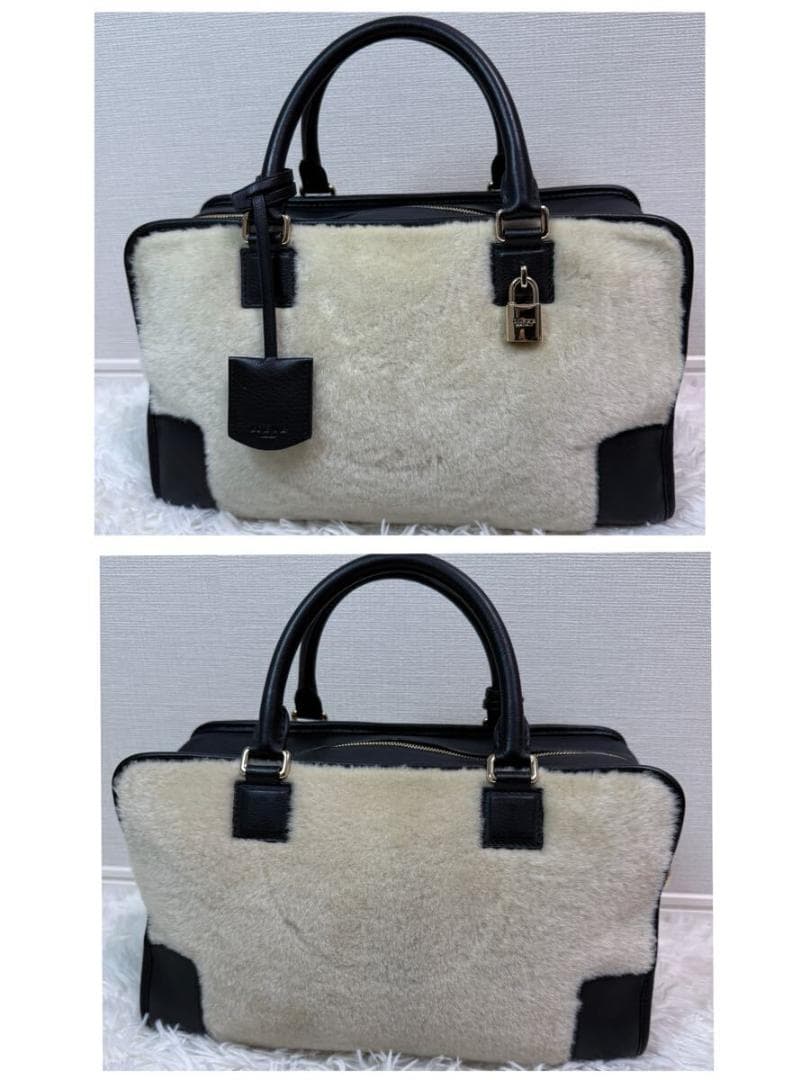 希少品 極美品 ロエベ アマソナ 36 ハンドバッグ アナグラム ムートン