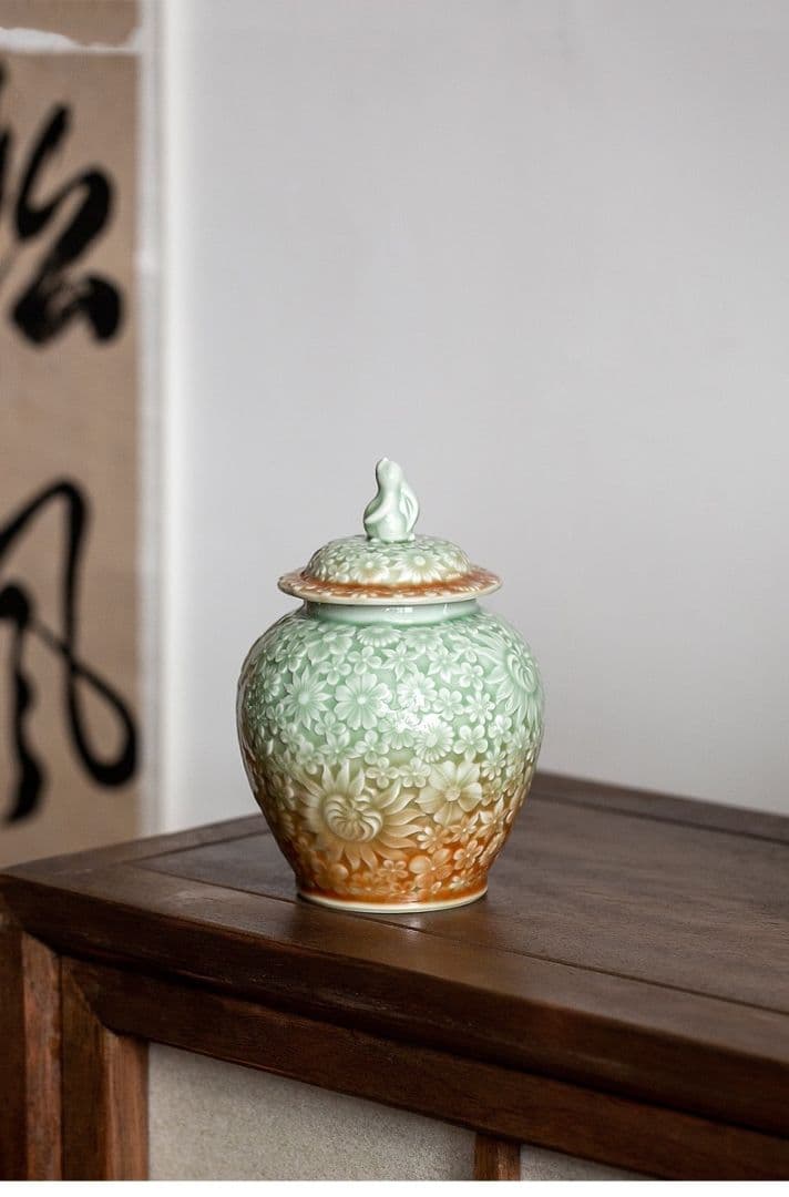 中国美術 茶筒 茶器 茶入れ 茶道具 青磁 花が咲きます似錦お茶の缶