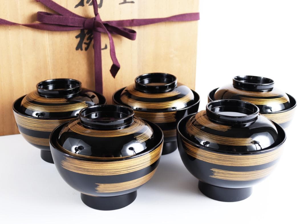 輪島塗 大向高洲堂 黒一筆 煮物椀 五客 共箱