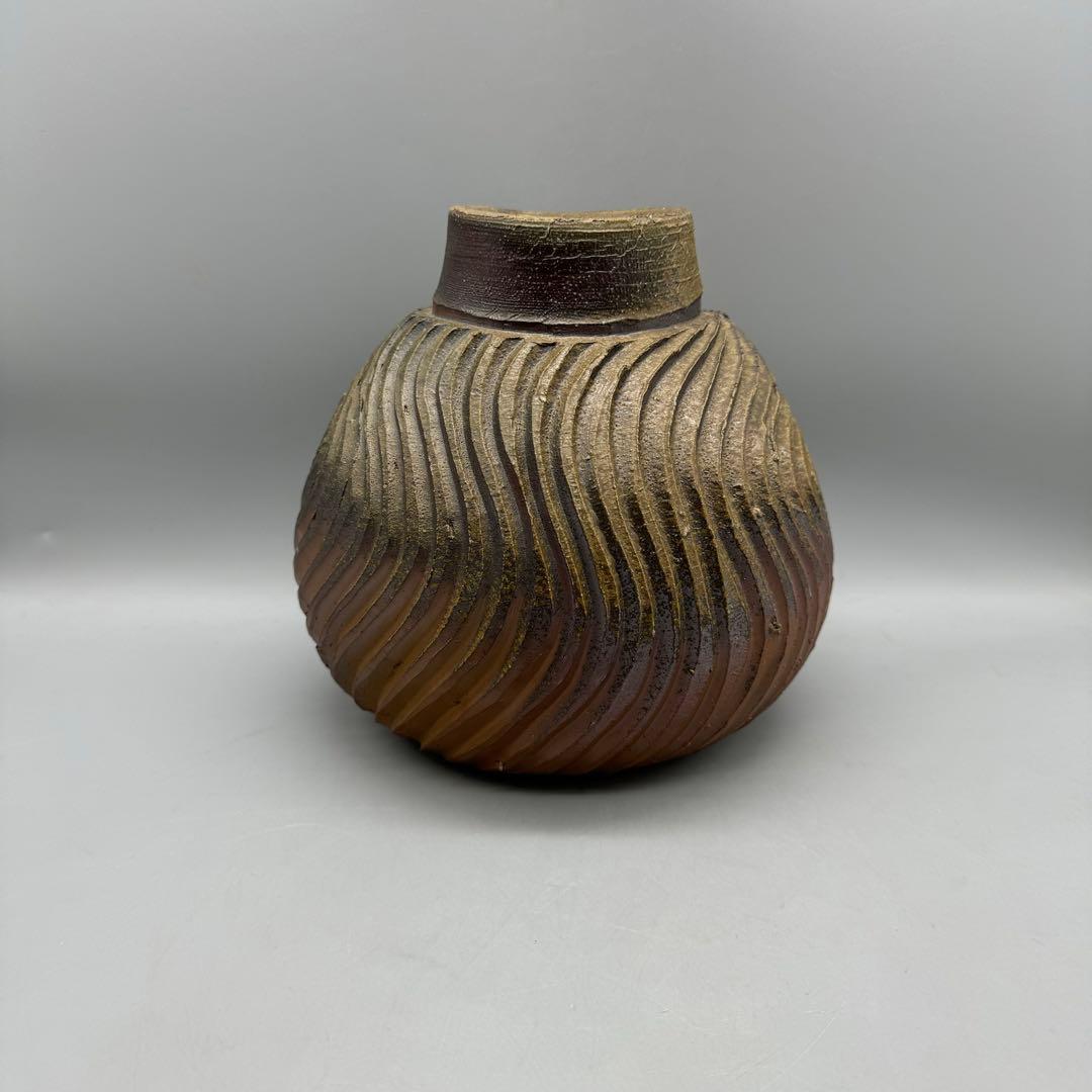 【備前焼 柴岡紘一　扁壺　共箱】花入　骨董　アンティーク　インテリア