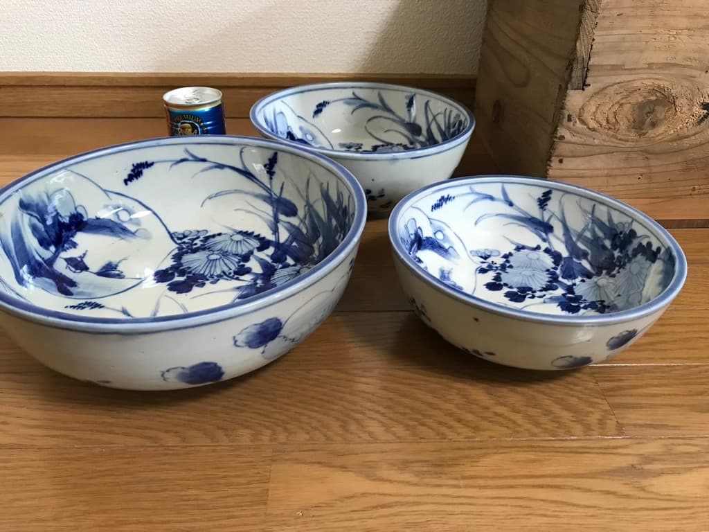 【アンティーク・天保10年】 古伊万里 染付 藍染 三ツ丼 木箱付き