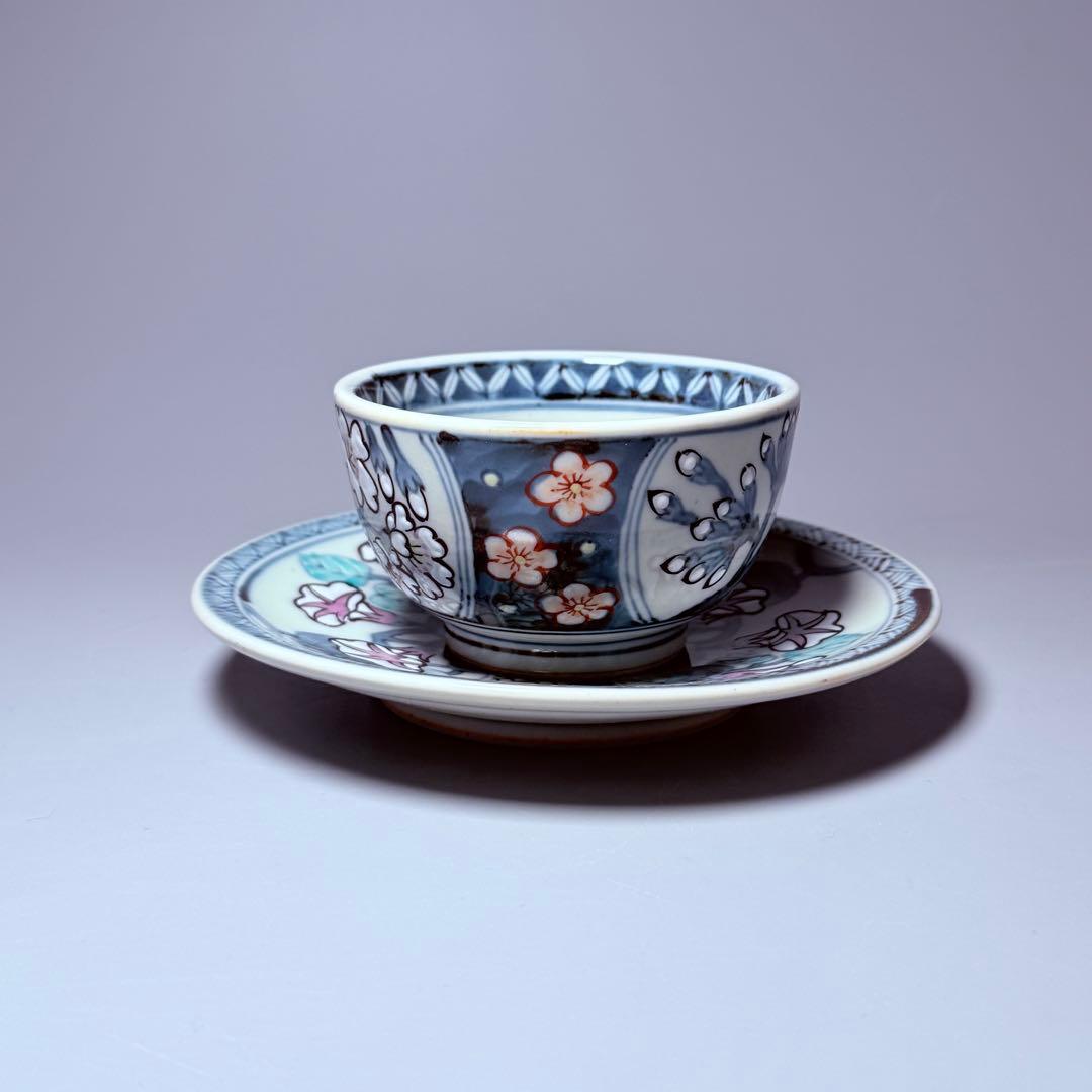 五代　佐藤走波　七十五才　染錦桜と朝顔文カップ＆ソーサー　コレクター放出品　訳有