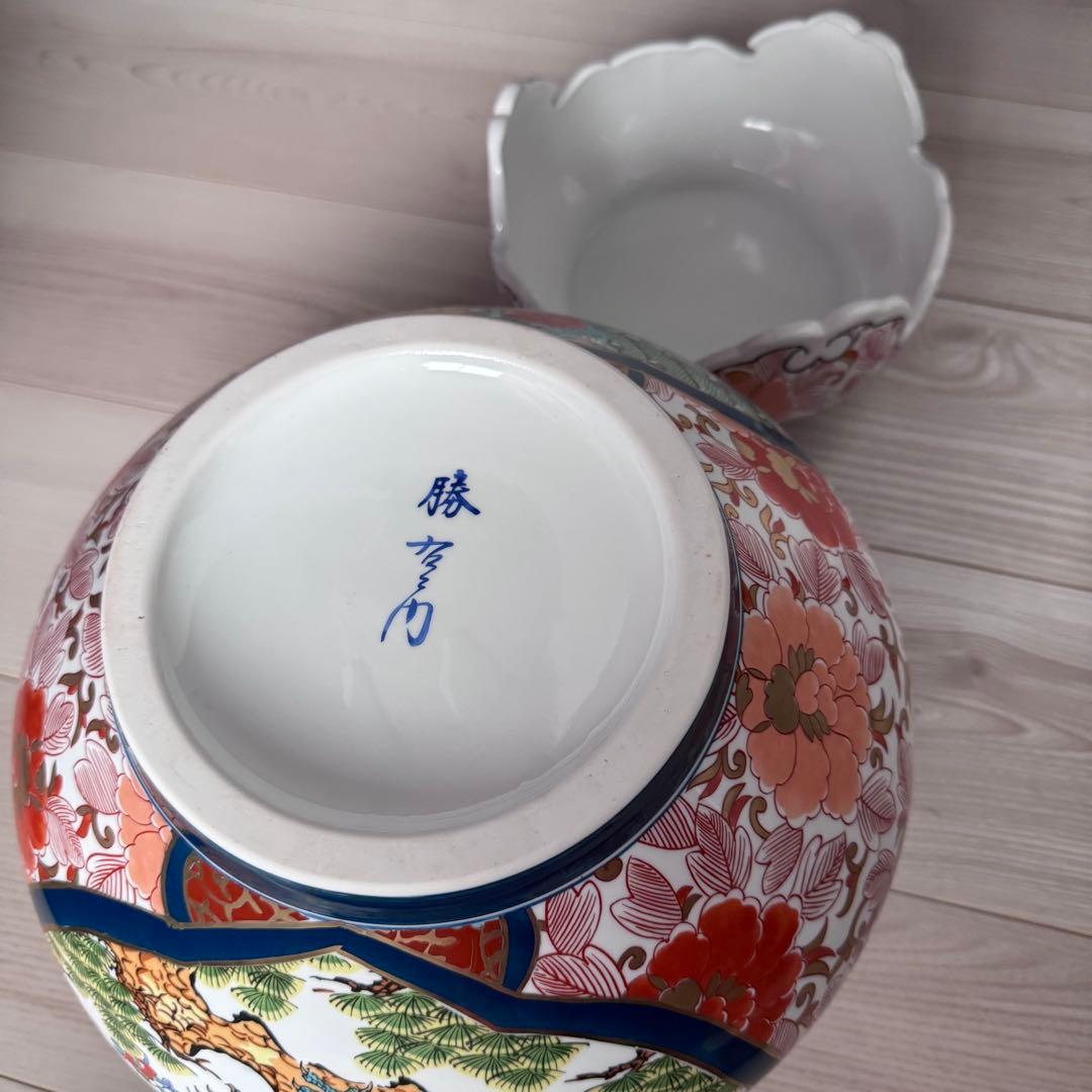 有田焼 勝右衛門作 染錦 金彩色絵花鳥紋 沈香壷　飾壺