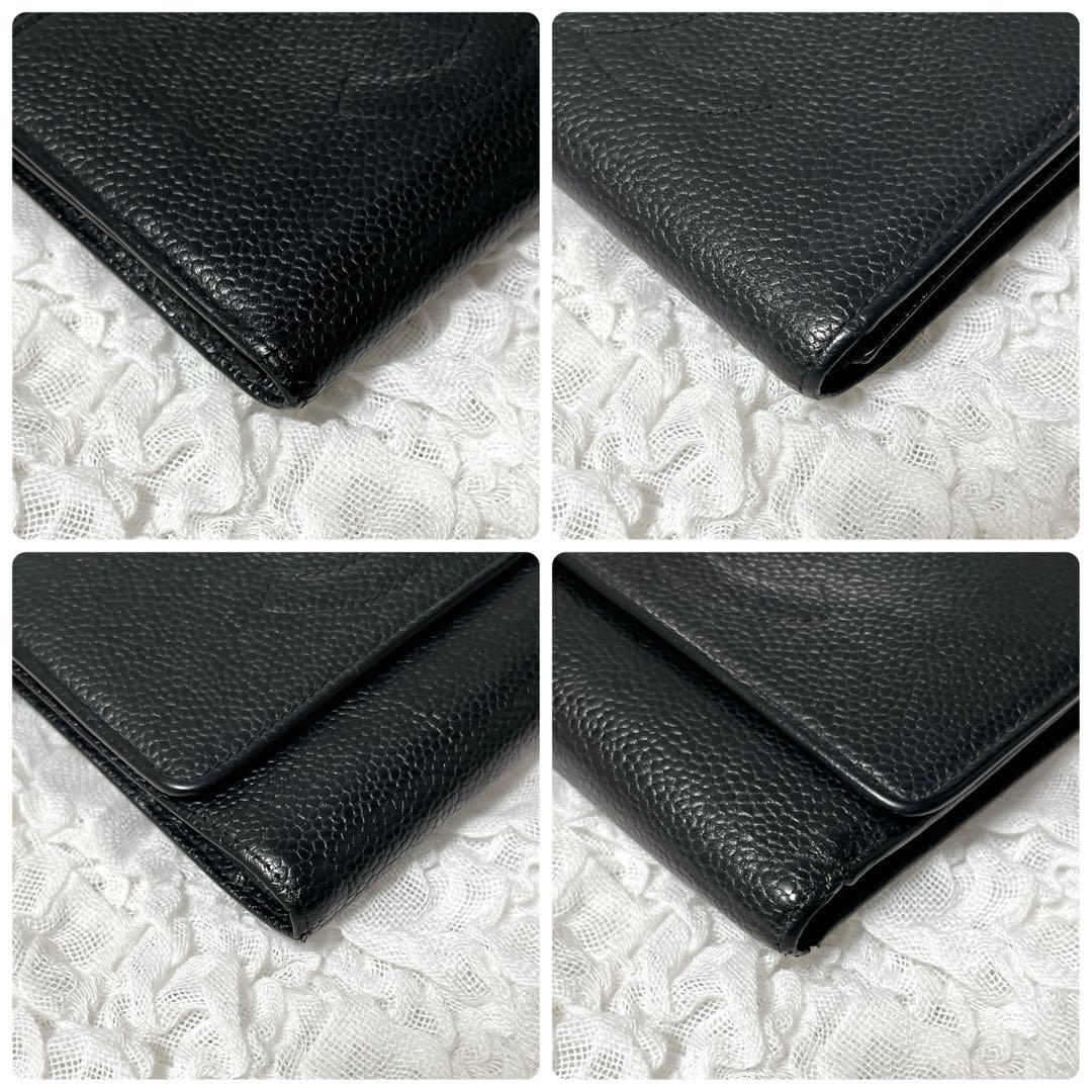 CHANEL ブラック　レザー 三つ折り財布　キャビアスキン　ギャランティカード