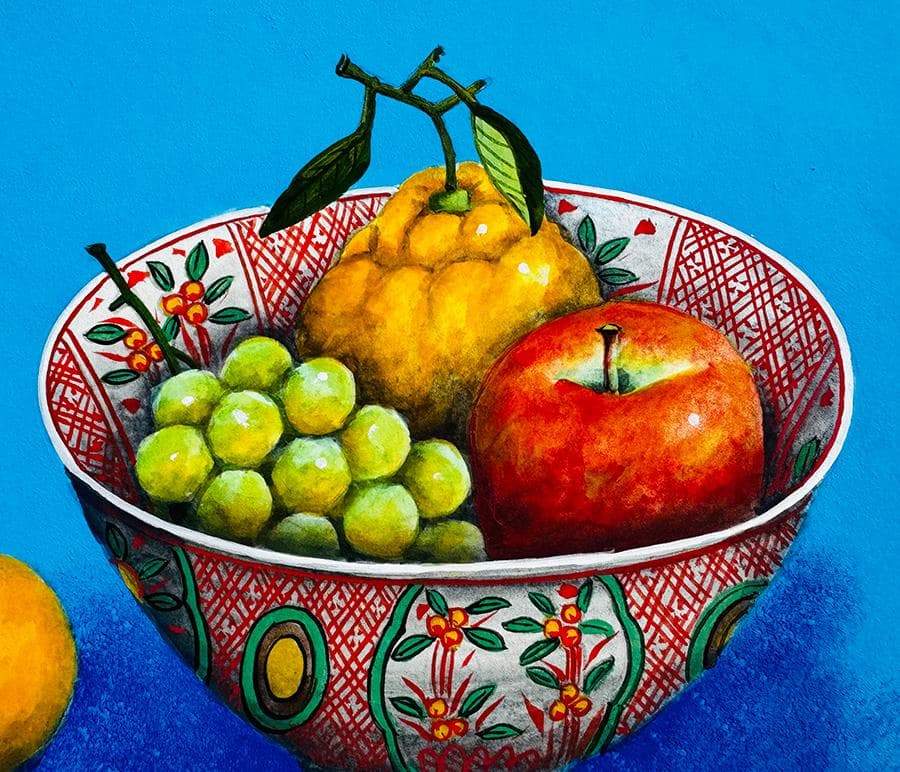 実力作家 五十川昇乗「 静物」日本画 8号 縦32cm 横41cm 果物