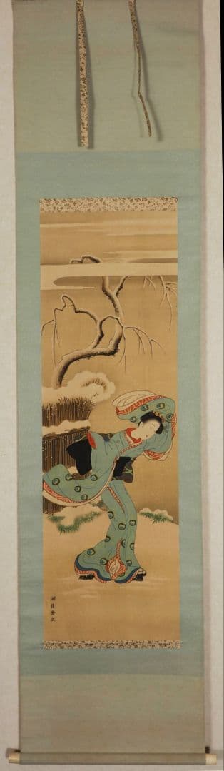 磯田湖龍斎 美人画 極彩色 肉筆 絹本 掛軸 江戸時代中期 浮世絵師 錦絵