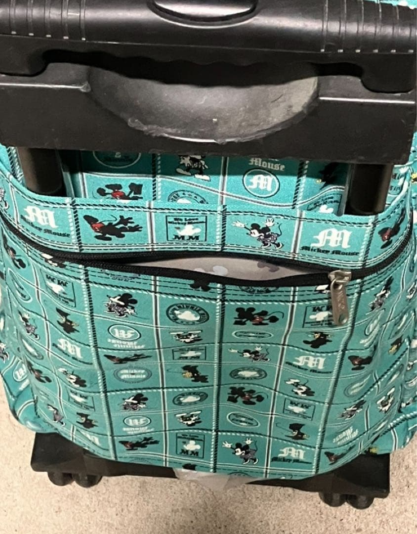 ディズニー緑キャリーカートミッキーミニー サイドポケットセキュリティポケット有り