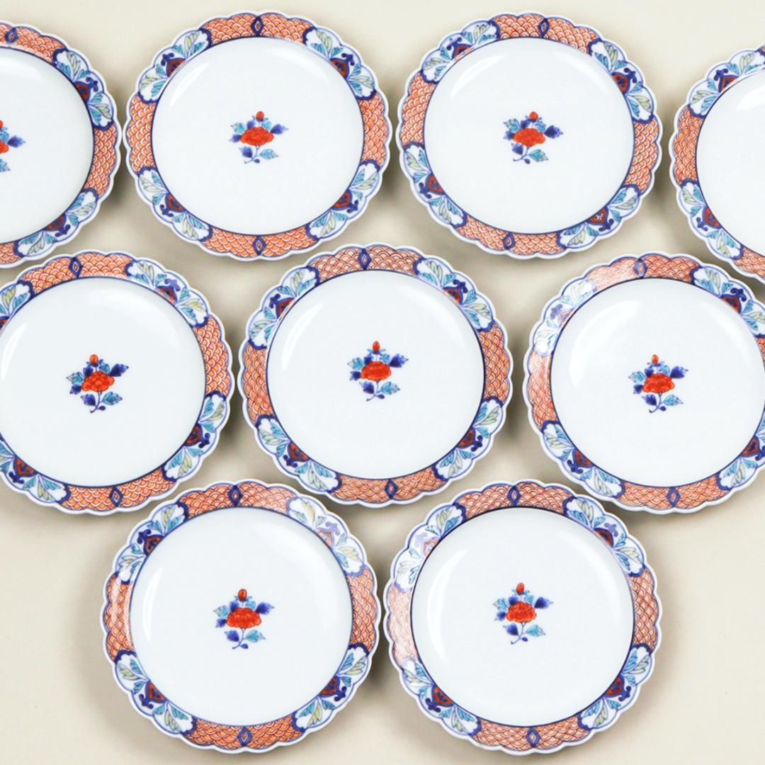 今泉今右衛門 色鍋島渕地紋銘々皿 9客 高台皿