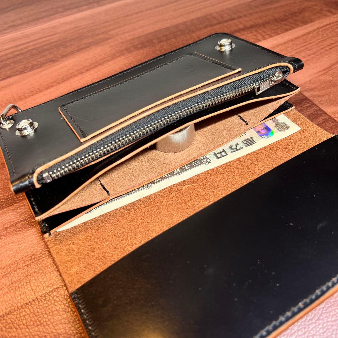 【トラッカーウォレット ロング 3層】 北米ステア　ブラック 茶芯 シルバー