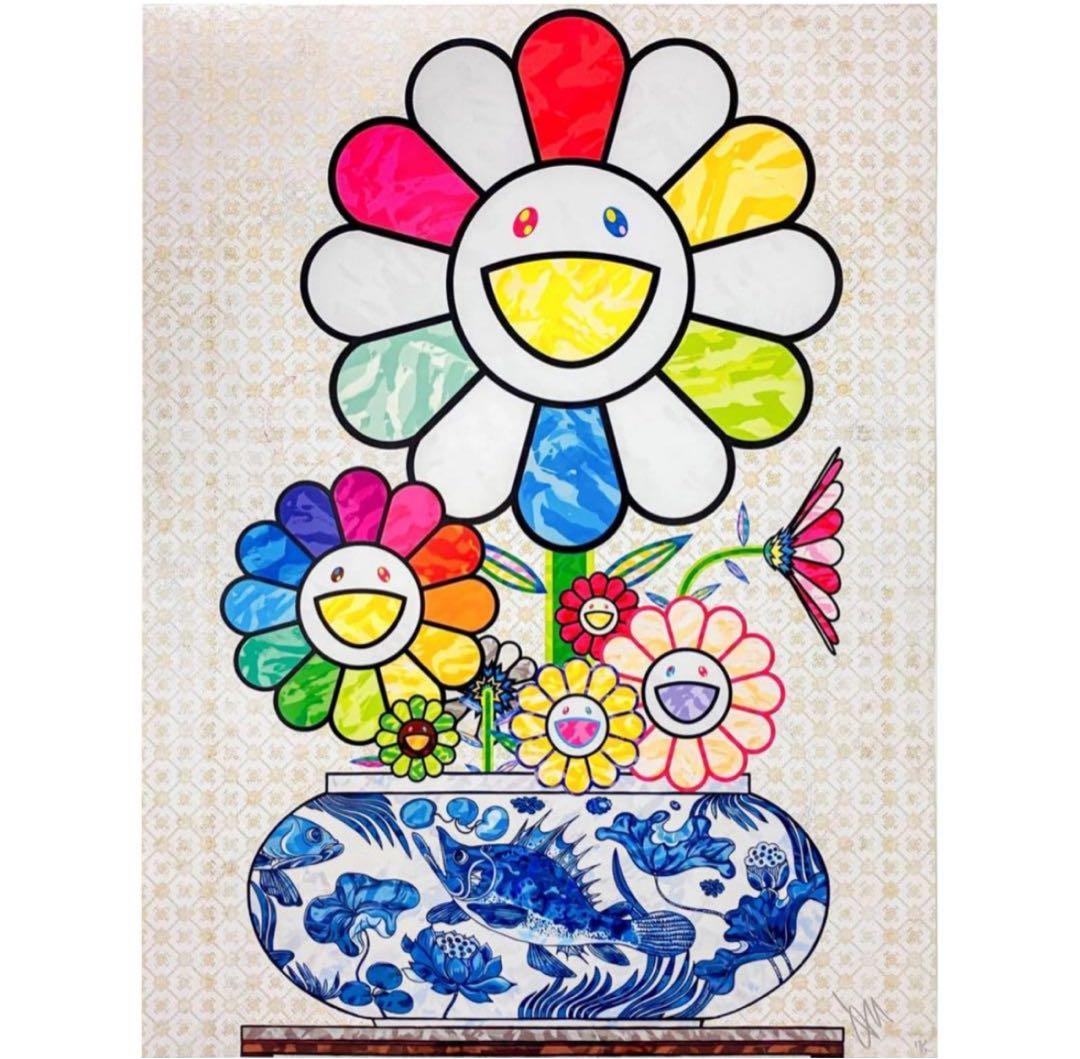 【ED300】青花の壺に村上フラワー 村上隆 もののけ京都 サイン入りポスター